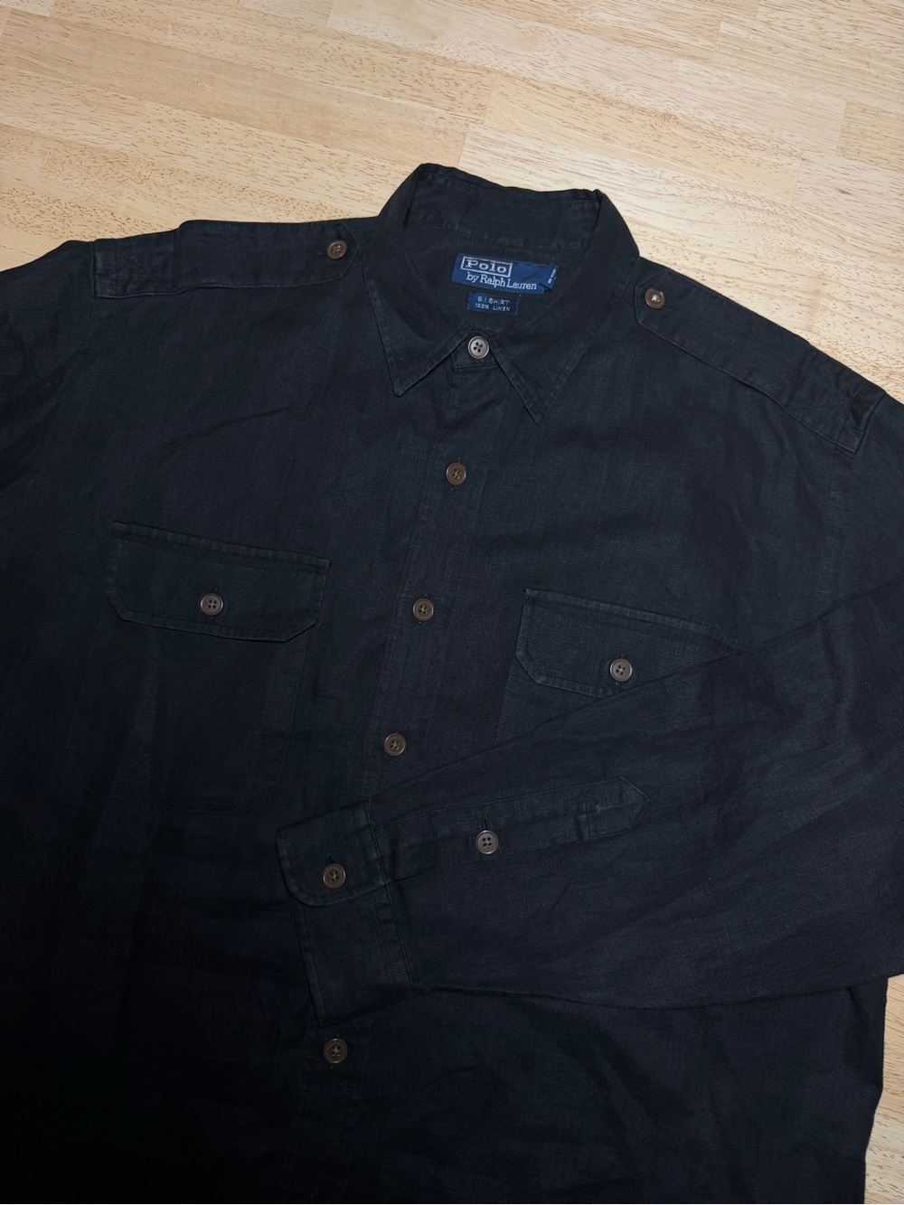 Vintage Polo Ralph Lauren GI Shirt Black 100% Linen Epaulette Mens Fits 2XL
